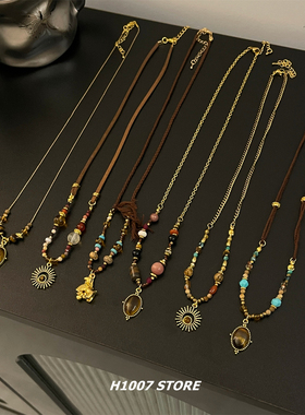 美拉德民族风复古虎眼串珠项链女小众设计感高级锁骨链男款毛衣链