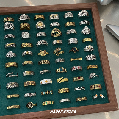 复古做旧金色系男款戒指小众设计感高级食指戒开口嘻哈风指环配饰