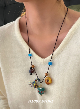民族风串珠编绳项链女款小众设计高级感毛衣链男新中式古风锁骨链