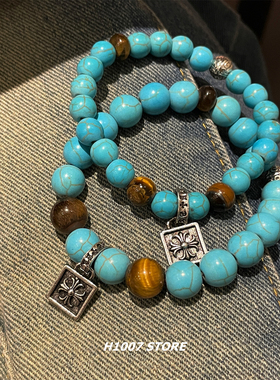 美式松石十字花串珠男款手链女小众设计嘻哈风情侣款手串百搭配饰