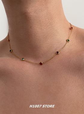 金色链条彩色镶钻男项链不掉色嘻哈风小众设计颈链锁骨链女毛衣链