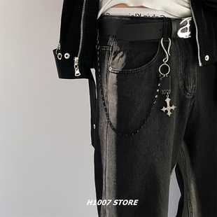 黑色链条皮革十字挂件男款裤链女小众设计嘻哈风钥匙包挂腰间挂饰