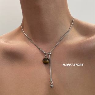 虎眼石抽拉绳男款项链女小众设计高级感锁骨链颈链毛衣链配饰新款