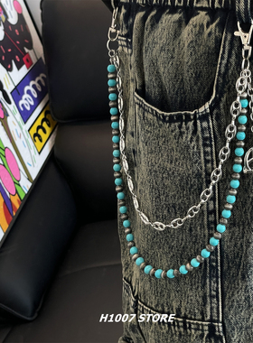 蓝色双层美式嘻哈风男裤链女小众设计感腰链牛仔裤工装裤挂链新款