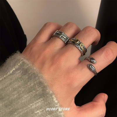 灵蛇小众款做旧男生戒指开口可调节冷淡嘻哈设计感指环食指戒新款