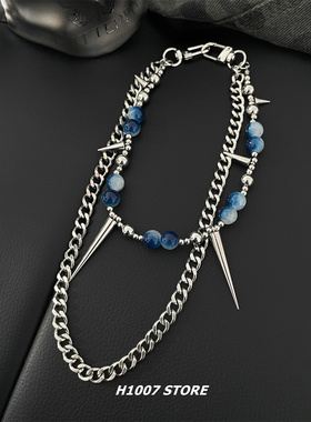 新款蓝色串珠尖锥双层嘻哈风男款裤链女小众设计感腰链工装裤挂链