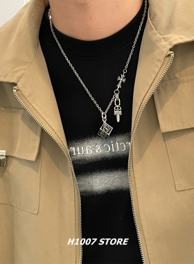 新款圣剑做旧方块十字花拼接男款链女生冷淡风嘻哈颈链毛衣卫衣链