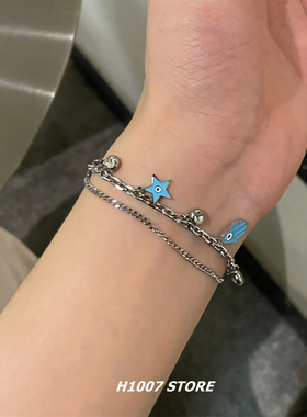 蓝色手掌星星锆石双层男款手链女钛钢链条小众设计高级感情侣饰品