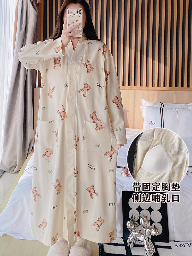 출산 잠옷 가슴 패드가있는 여성용 봄 가을 순면 산후 산후 모유 수유 점프 수트 대형 사이즈 느슨하고 길다
