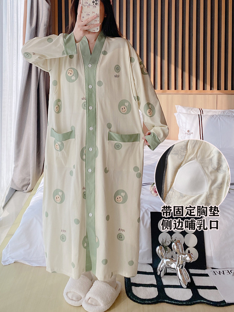 출산 잠옷 가슴 패드가있는 여성용 봄 가을 순면 산후 산후 모유 수유 점프 수트 대형 사이즈 느슨하고 길다