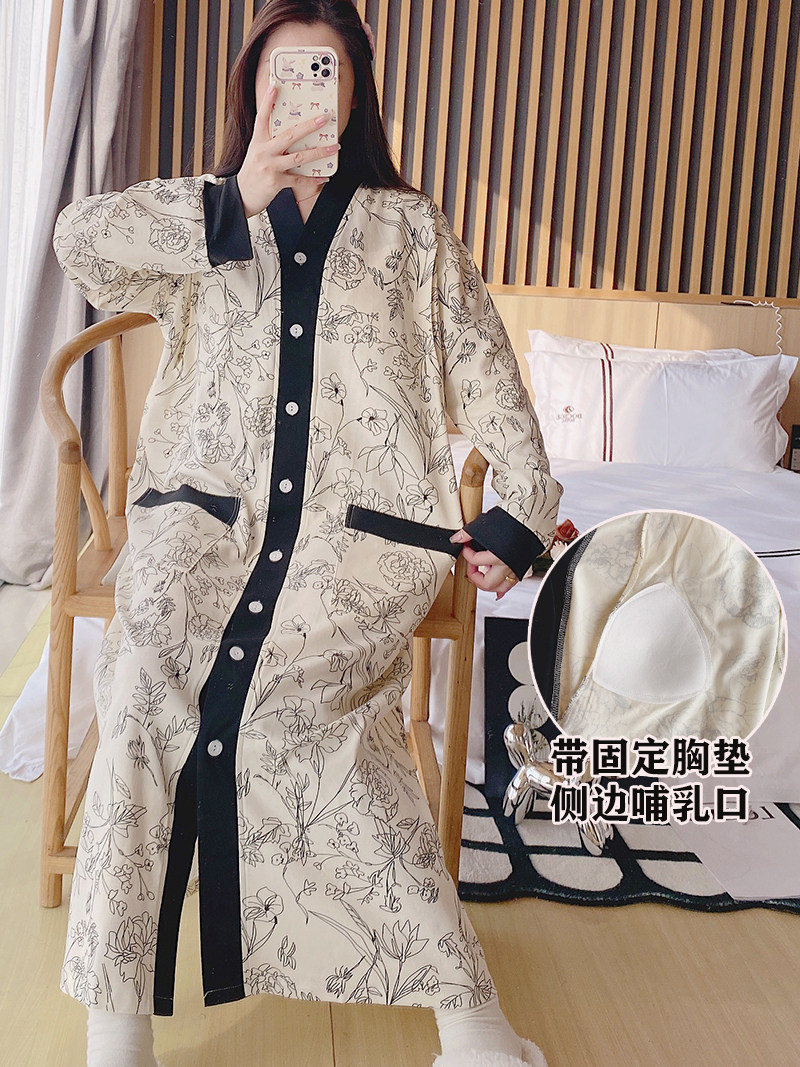 출산 잠옷 가슴 패드가있는 여성용 봄 가을 순면 산후 산후 모유 수유 점프 수트 대형 사이즈 느슨하고 길다