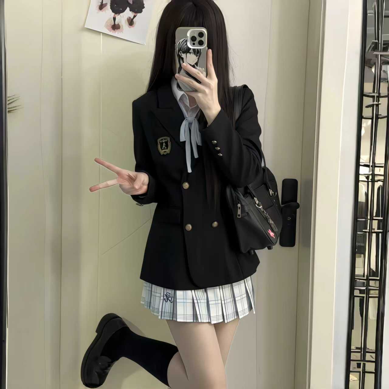 绀色高质感四粒扣新品收腰双排