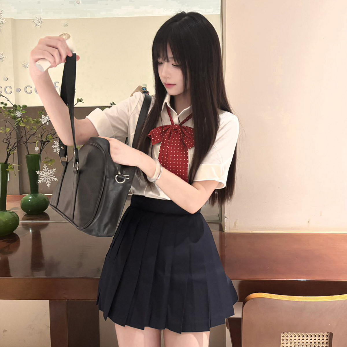 川町香原创日系软萌JK制服修身短袖衬衫学院风绀色格裙套装