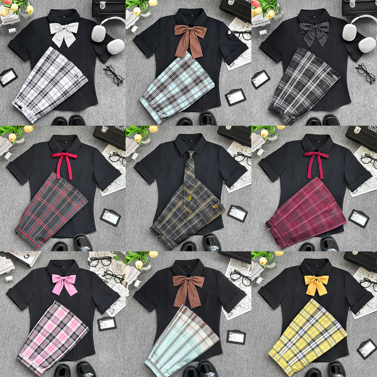 川町香JK原创黑色衬衫制服校供百搭夏季新品学院风收腰刺绣衬衫女