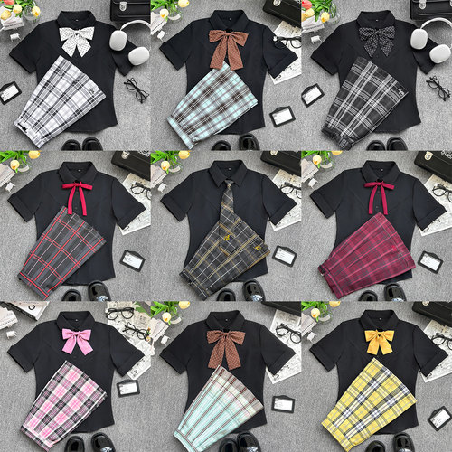 川町香JK原创黑色衬衫制服校供百搭夏季新品学院风收腰刺绣衬衫女