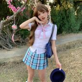 川町香原创jk收腰衬衫 长短袖 女夏格裙显身材制服弹力衬衣格裙搭配