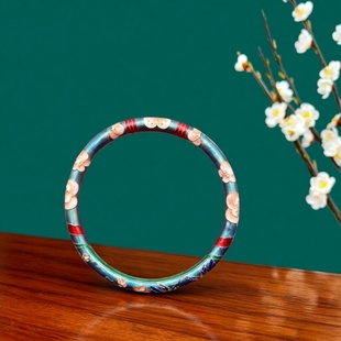 足银999珐琅彩纯银手镯手工古法景泰蓝手镯闭口圆棍镯