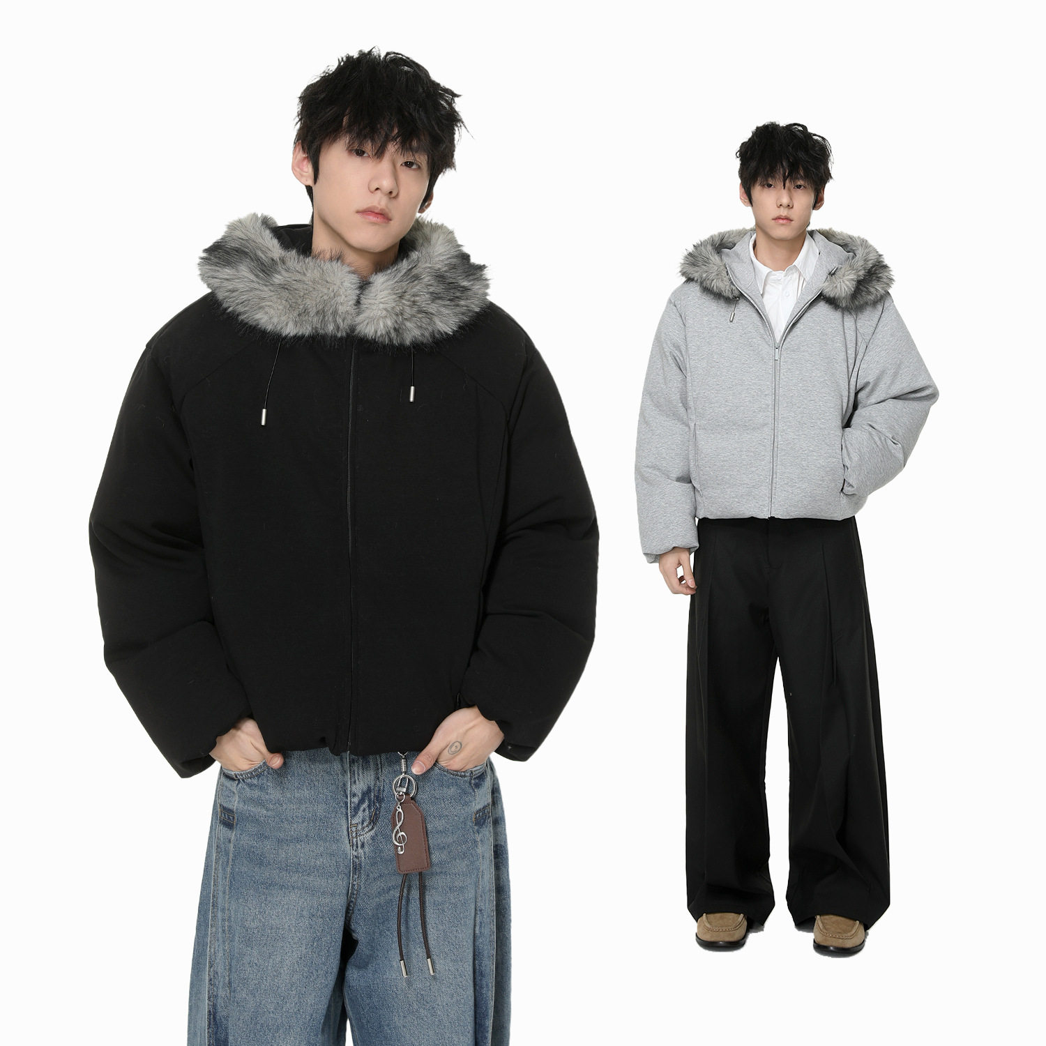 981018|美式拼接毛领连帽加厚纯色短款棉服外套休闲百搭