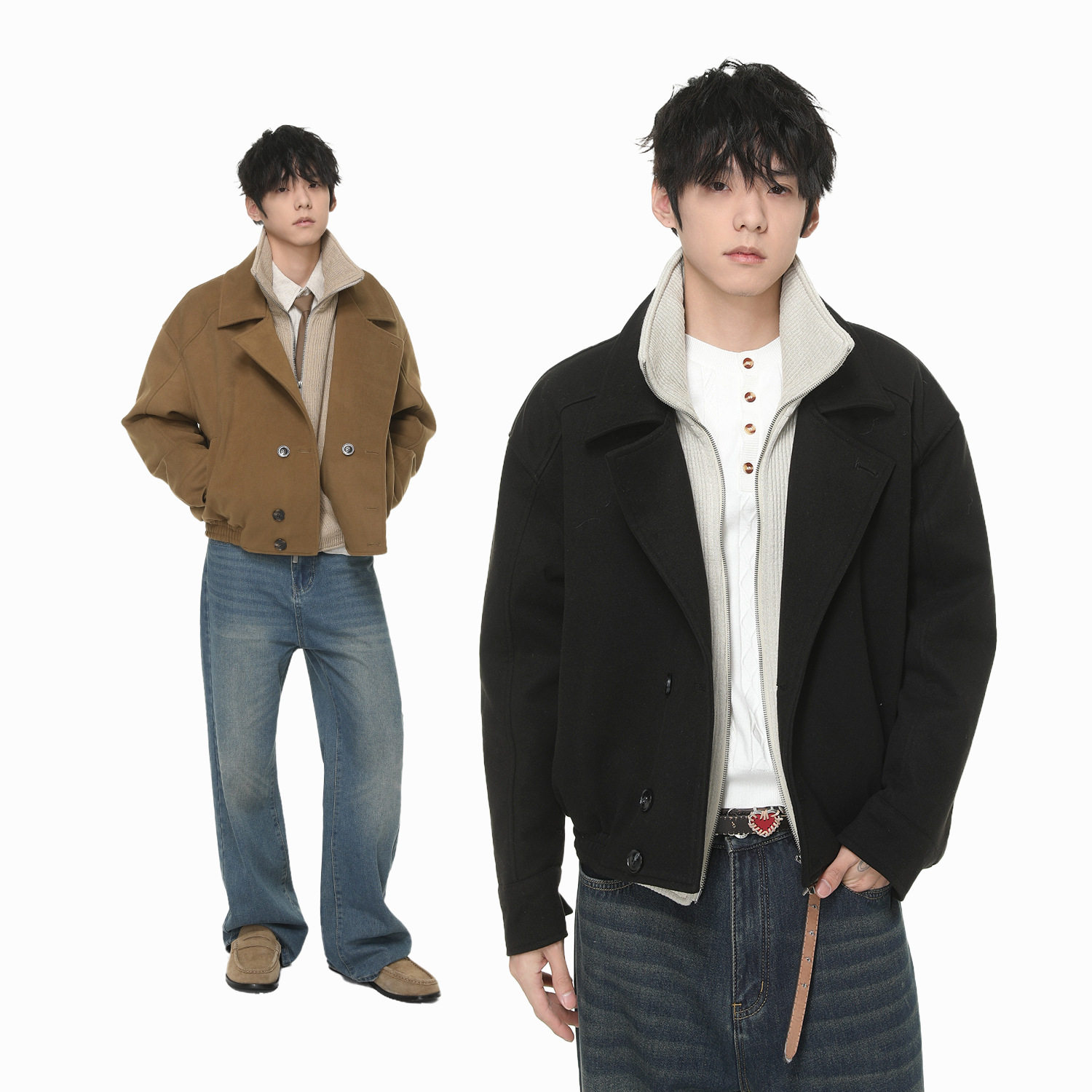 981018|复古拼接针织假两件毛呢短款高级感撞色棉服外套