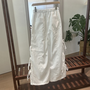 多口袋工裝 褲 新款 松緊腰系帶休閑褲 女 日單三色傘兵褲 2123