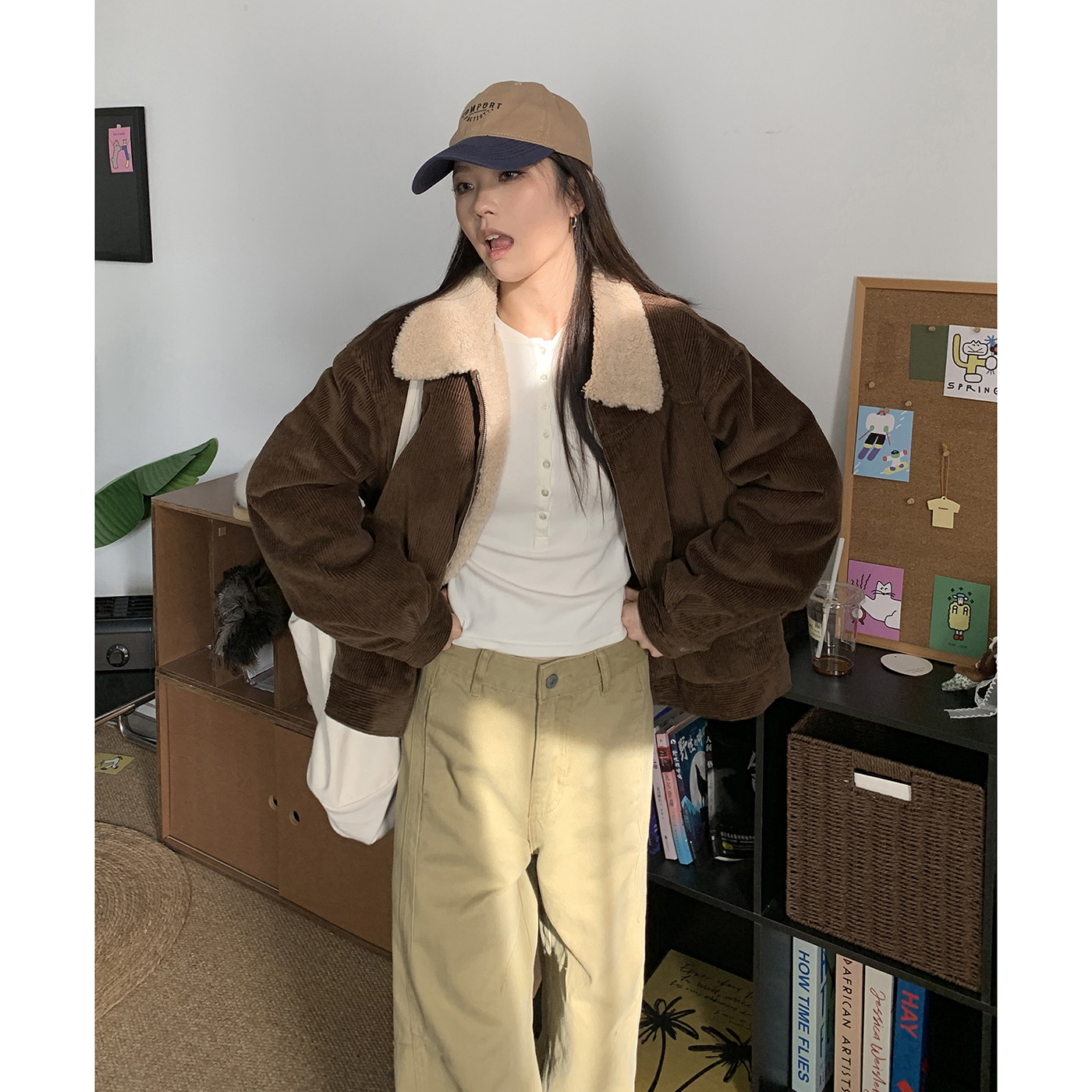 复古灯芯绒羊羔毛领加厚棉服女