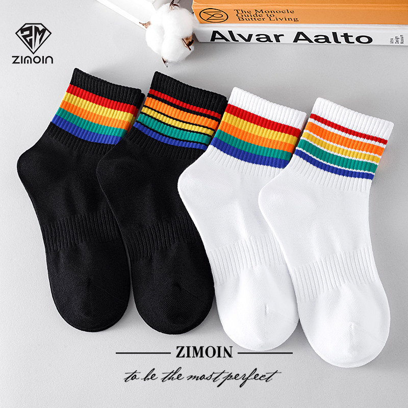 4双彩虹袜子男中筒袜秋冬加厚纯棉条纹ins潮流学院风运动男长袜女