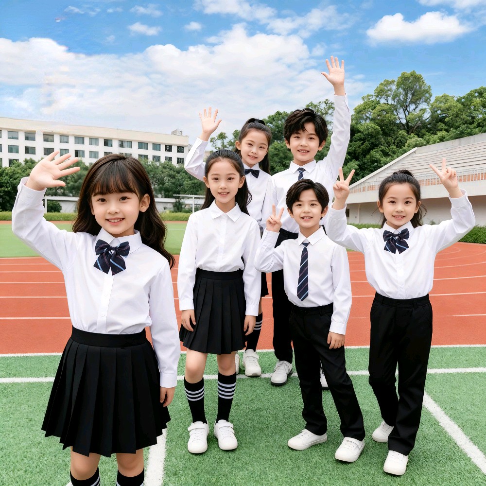 儿童白衬衫加绒长袖男童衬衣黑裤女童表演出服小学生秋冬班服朗诵