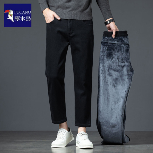 啄木鸟八分牛仔裤男秋冬加绒加厚外穿保暖裤子青年修身直筒裤九分