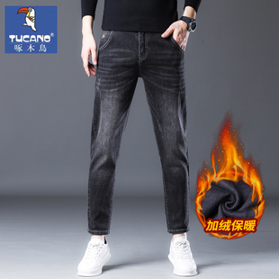 啄木鸟九分牛仔裤男秋冬2025新款加绒加厚冬天保暖修身直筒裤子潮