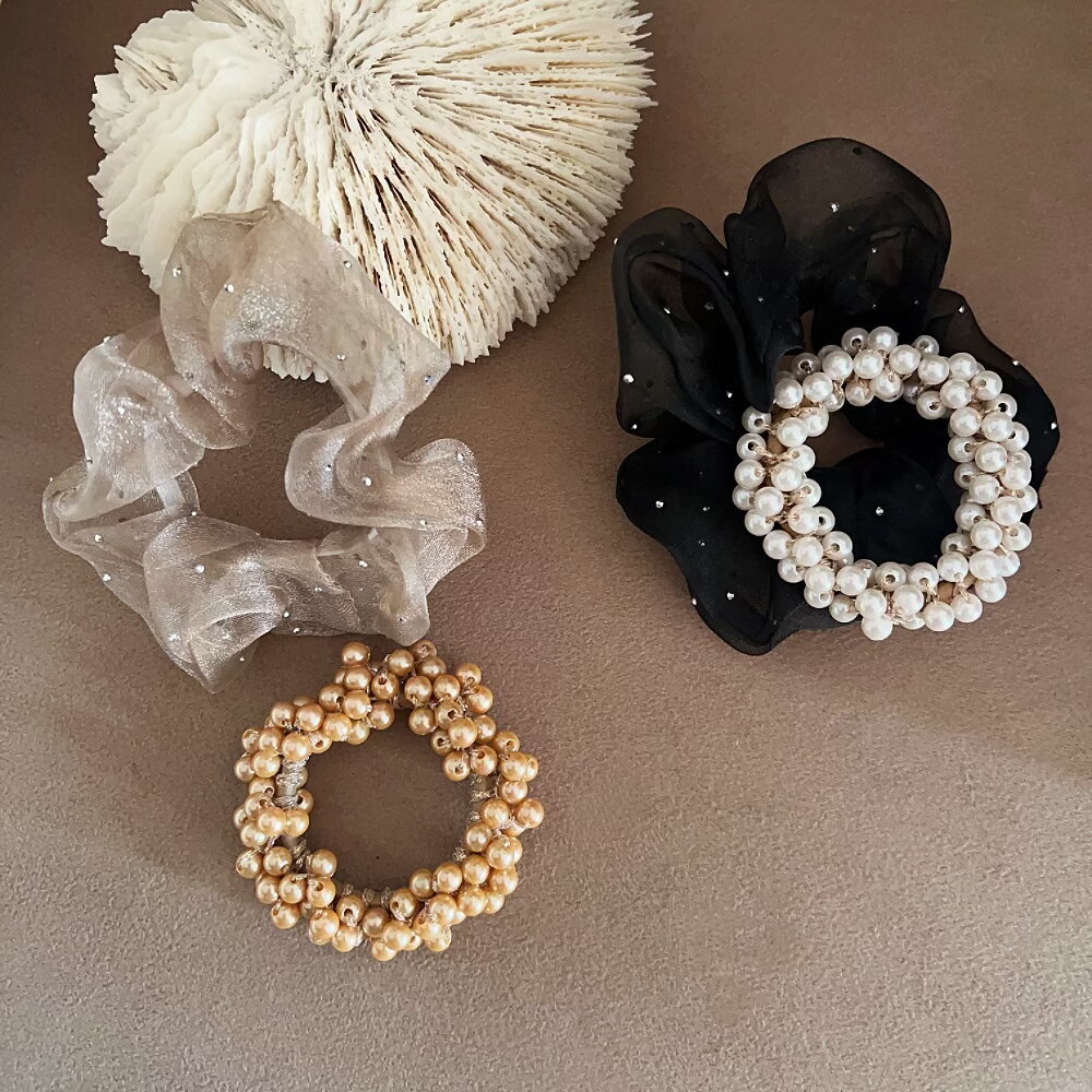 Treffen日本发饰欧根纱雪纺银波点大肠圈珍珠发圈组合温柔可爱风