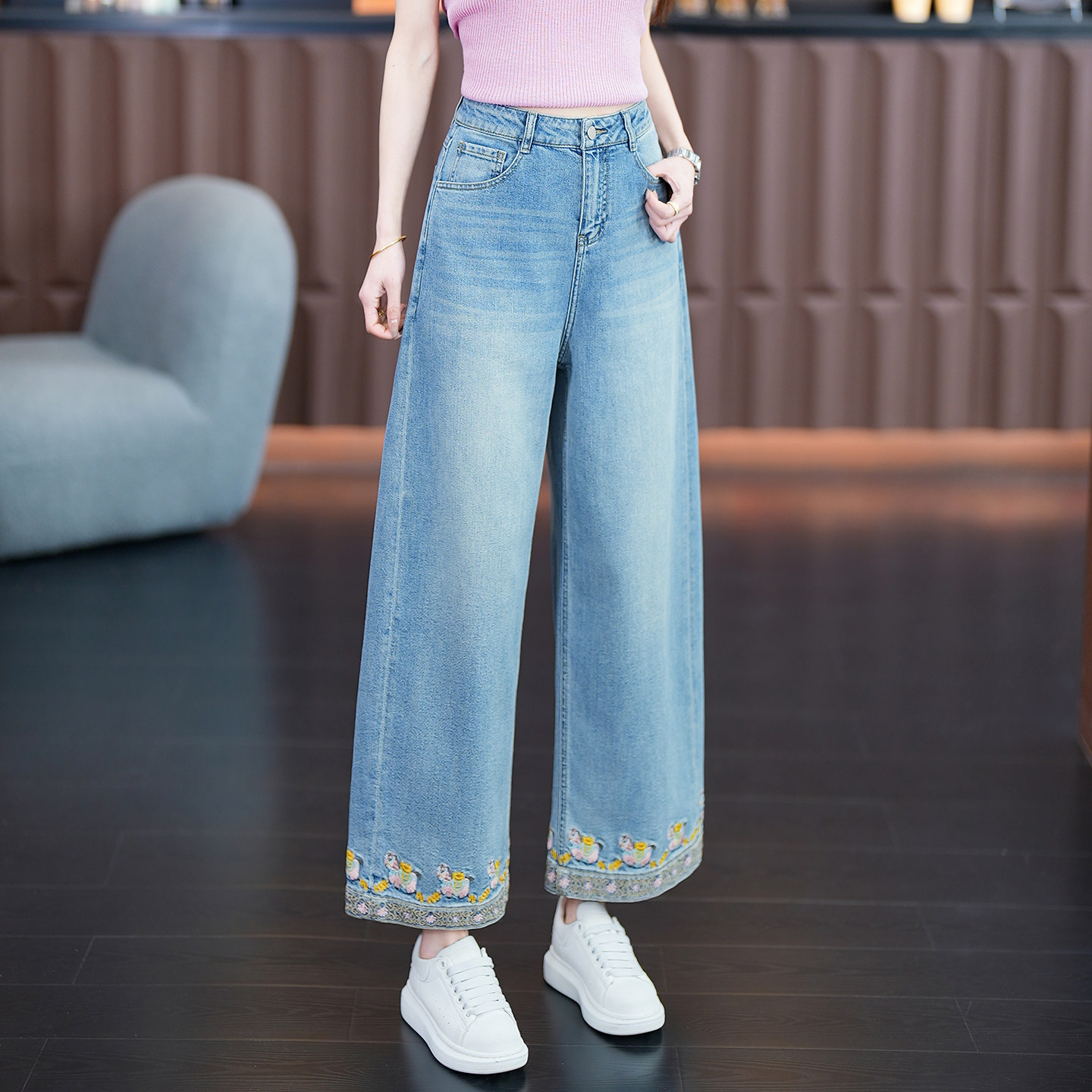 刺绣九分弯刀牛仔裤女2026年夏季薄款新款高腰显瘦透气宽松阔腿裤