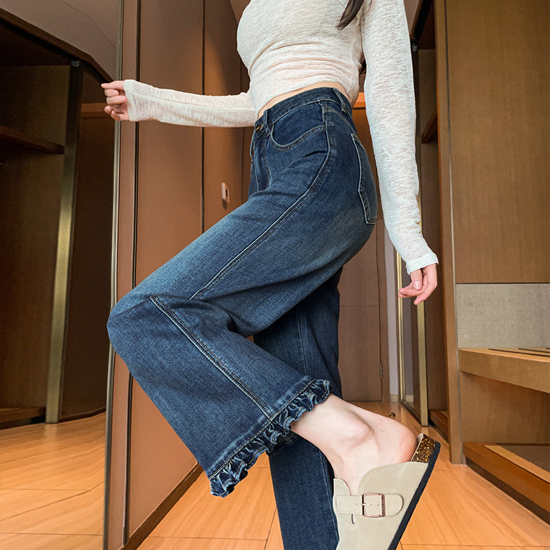 九分直筒牛仔裤女春秋2025年新款高腰宽松木耳边减龄八分阔腿裤子