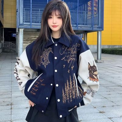 秋冬新款欧美嘻哈男女情侣重工刺绣原宿风设计感小众加厚外套夹克