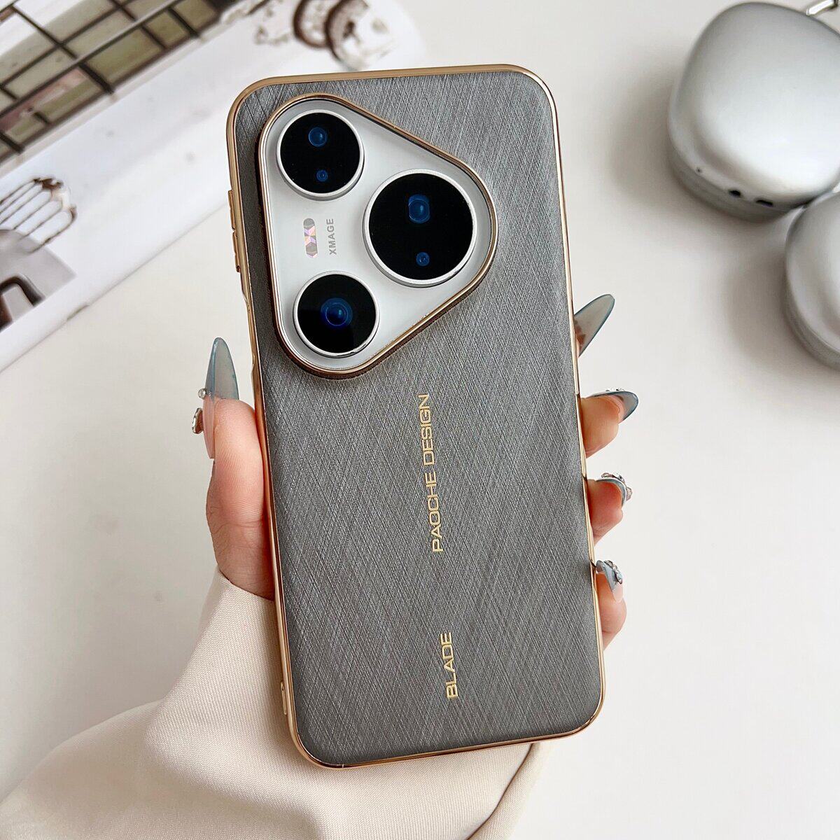 新款金丝银锦纹适用华为pura80pro手机壳奢华商务素皮p80