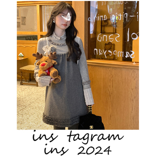 六便士的玫瑰 手工花朵打底+花边吊带裙秋冬内搭套装