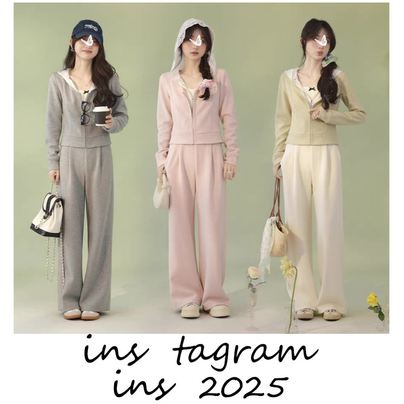 美女舒适区 假两件蕾丝连帽外套+卫裤春秋女慵懒套装