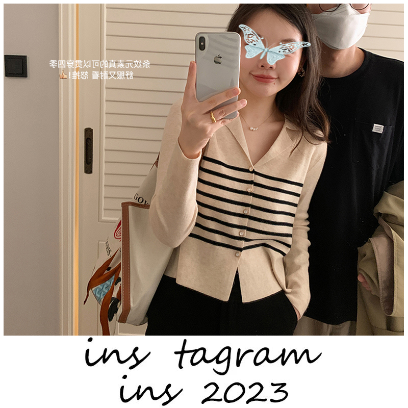 条纹控上线 经典法式小翻领针织开衫女早春小个子上衣