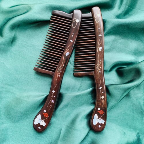 御用木天然紫光檀木梳子螺钿镶嵌插齿梳女长发蓬松护发经络按摩梳