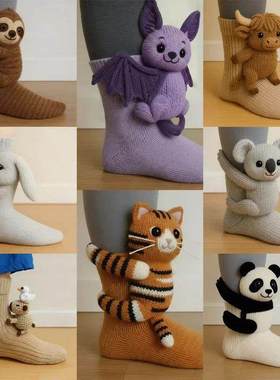3D Knit Animal Socks Cute Floor Socks Hand Crocheted Double
