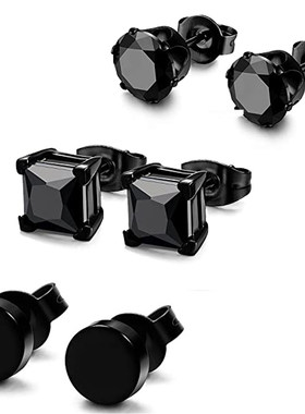 3 Pairs Stainless Steel Black Stud Earrings for Men Women CZ