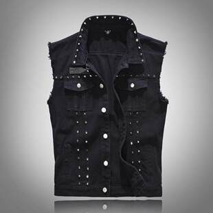 Men Punk Rock Rivet Cowboy Denim Vest 男士铆钉朋克机车马甲