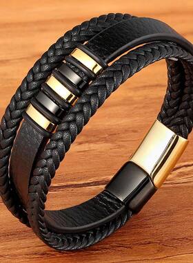 Fashion 3 Layers Black Punk Style Design Leather Bracelet fo