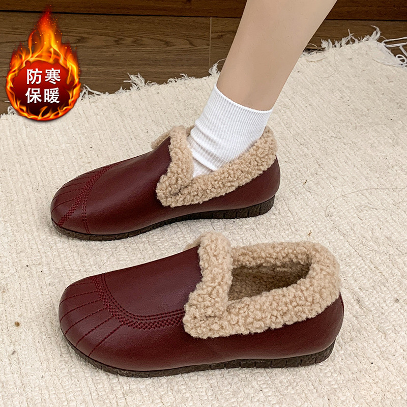 雪地靴女冬季加绒保暖孕妇外穿一脚蹬懒人老北京妈妈棉鞋老人鞋34