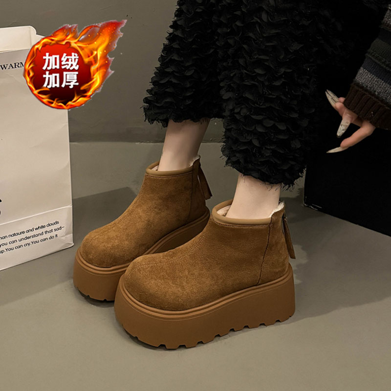 赵露思同款加绒厚底高帮勃肯短靴女冬季保暖雪地靴增高驼色棉鞋34
