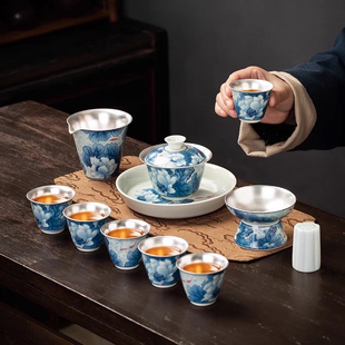 鎏银青花三才盖碗999纯银茶具套装客厅家用珐琅彩陶瓷泡茶器过滤