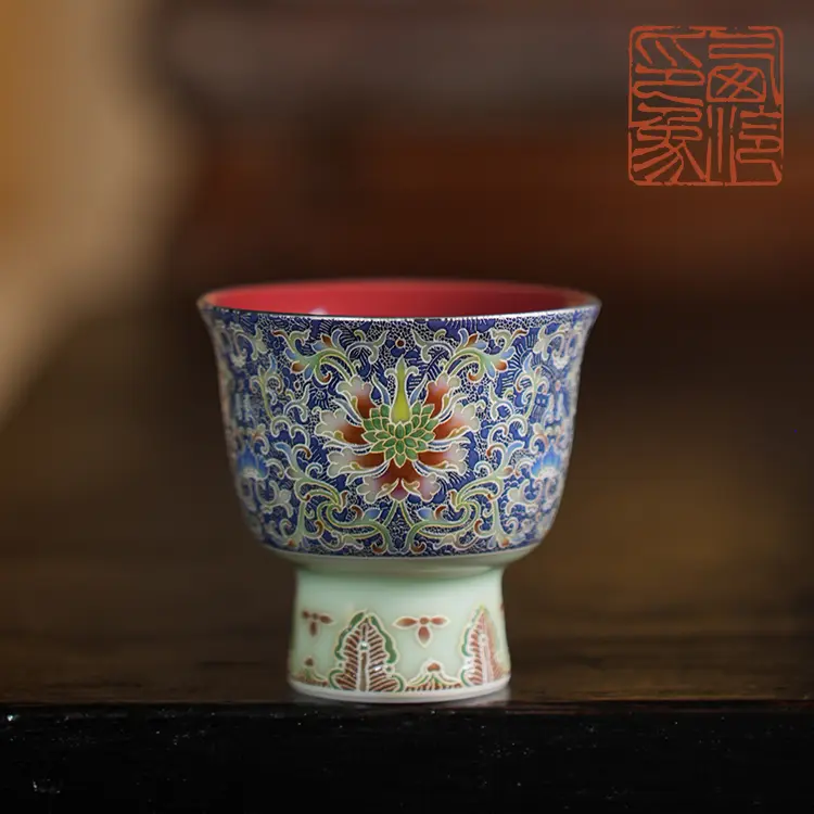 西泠墨香上新景泰蓝珐琅釉缠枝纹小高足杯故宫宝蓝色HX0134a茶杯
