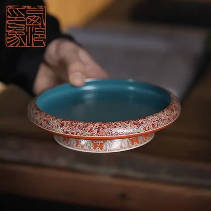 西泠墨香上新景泰蓝珐琅釉缠枝纹壶承故宫城墙红圆形茶托HX0132