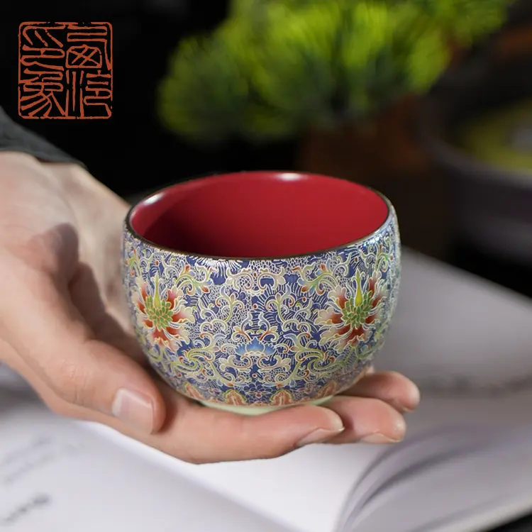 西泠墨香上新景泰蓝珐琅釉缠枝纹压手杯故宫宝蓝色HX0135高档茶杯