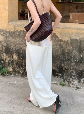 LS述致 高腰白色休闲阔腿裤25夏新款垂感慵懒风直筒薄款长裤
