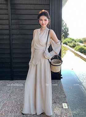 LS时尚简约露肩上衣长裤两件套女广州十三行2026春新款套装 61398